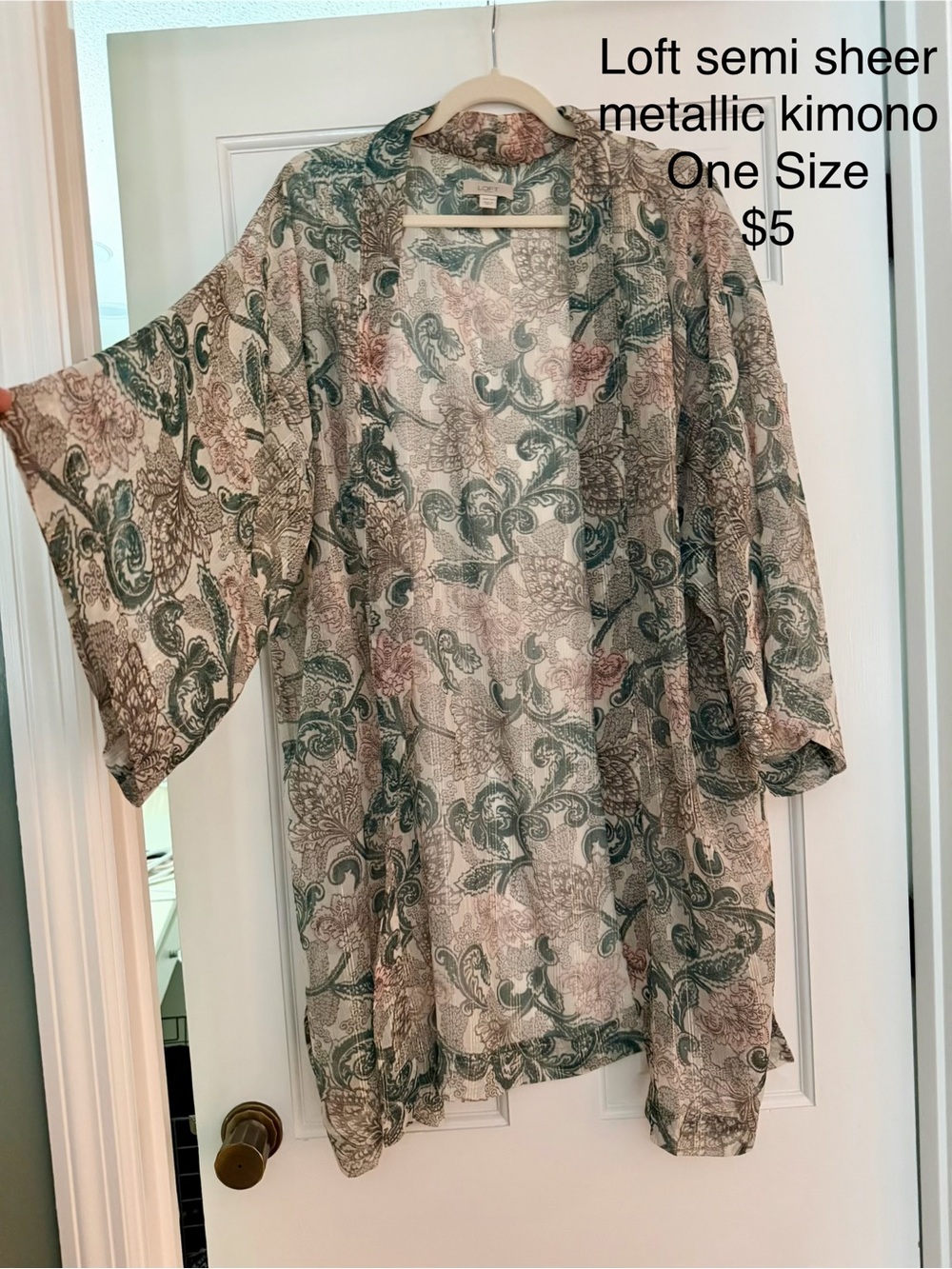 LOFT Metallic Semi-Sheer Paisley Kimono - Green/Cream